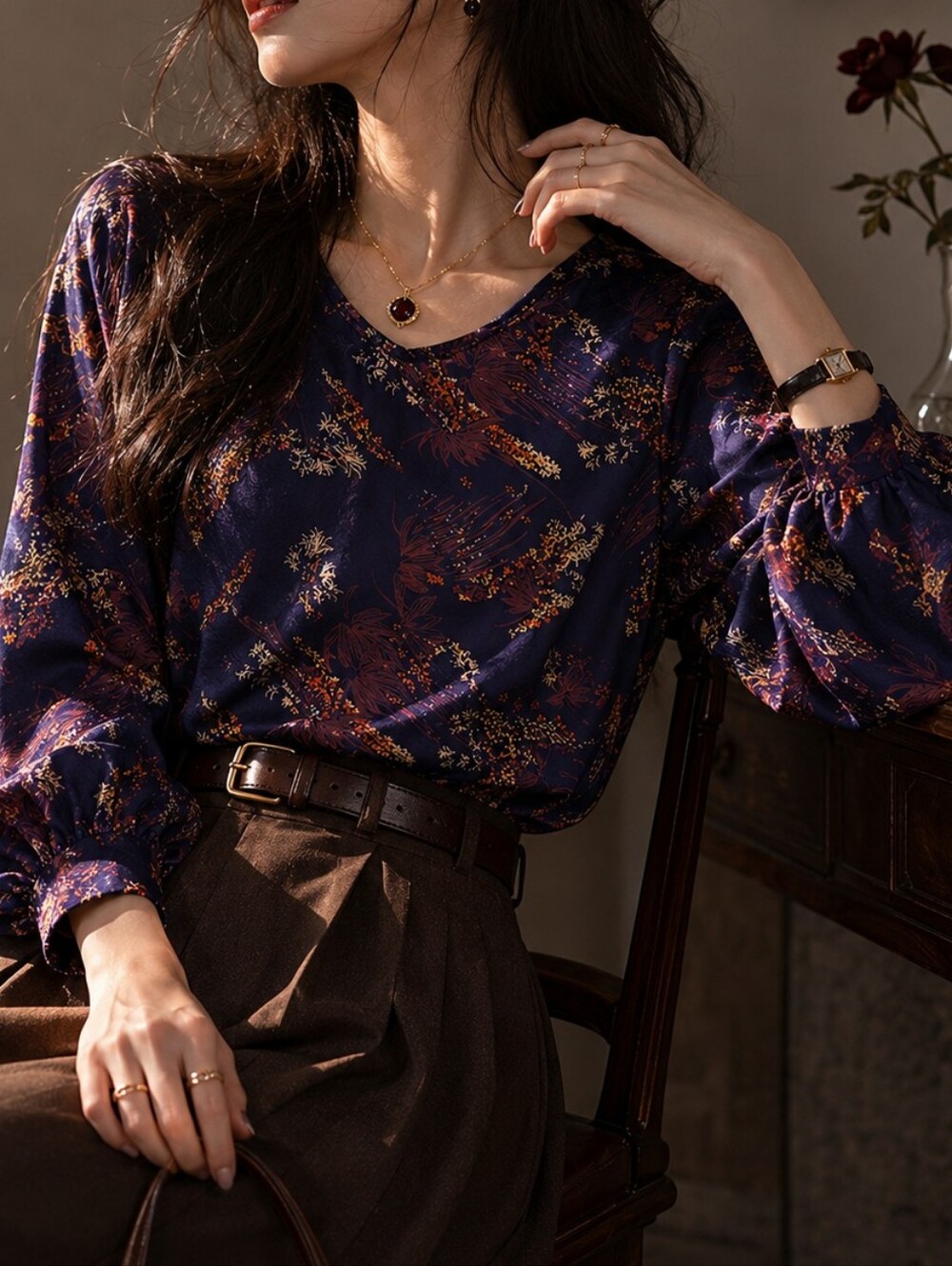 Ba&sh 100% Silk Floral Button Back Blouse Navy Long Sleeve Top Women’s Medium